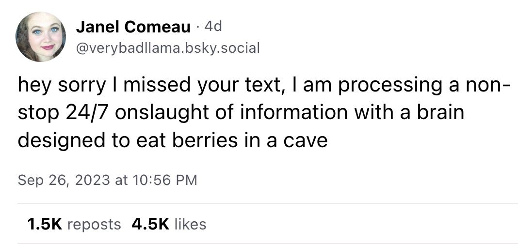 From Janel Comeau @verybadllama.bsky.social: "hey sorry I missed your text, I am processing a non-stop 24/7 onslaught of information with a brain designed to eat berries in a cave"